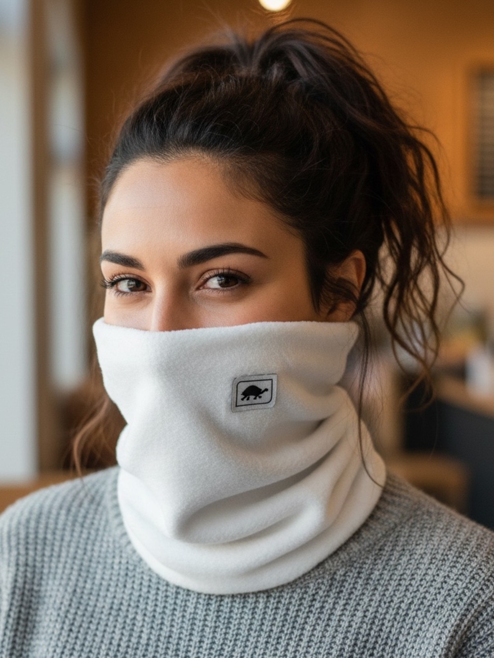 Project Warmth Turtle Fur Gaiter. O/S. Turtle Logo.Plush. Unisex. White